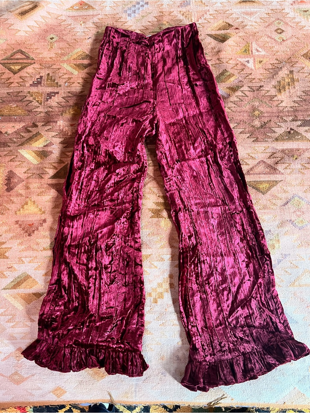 Batsheva Crushed Velvet Wide Straight Leg Pants in Deep Berry